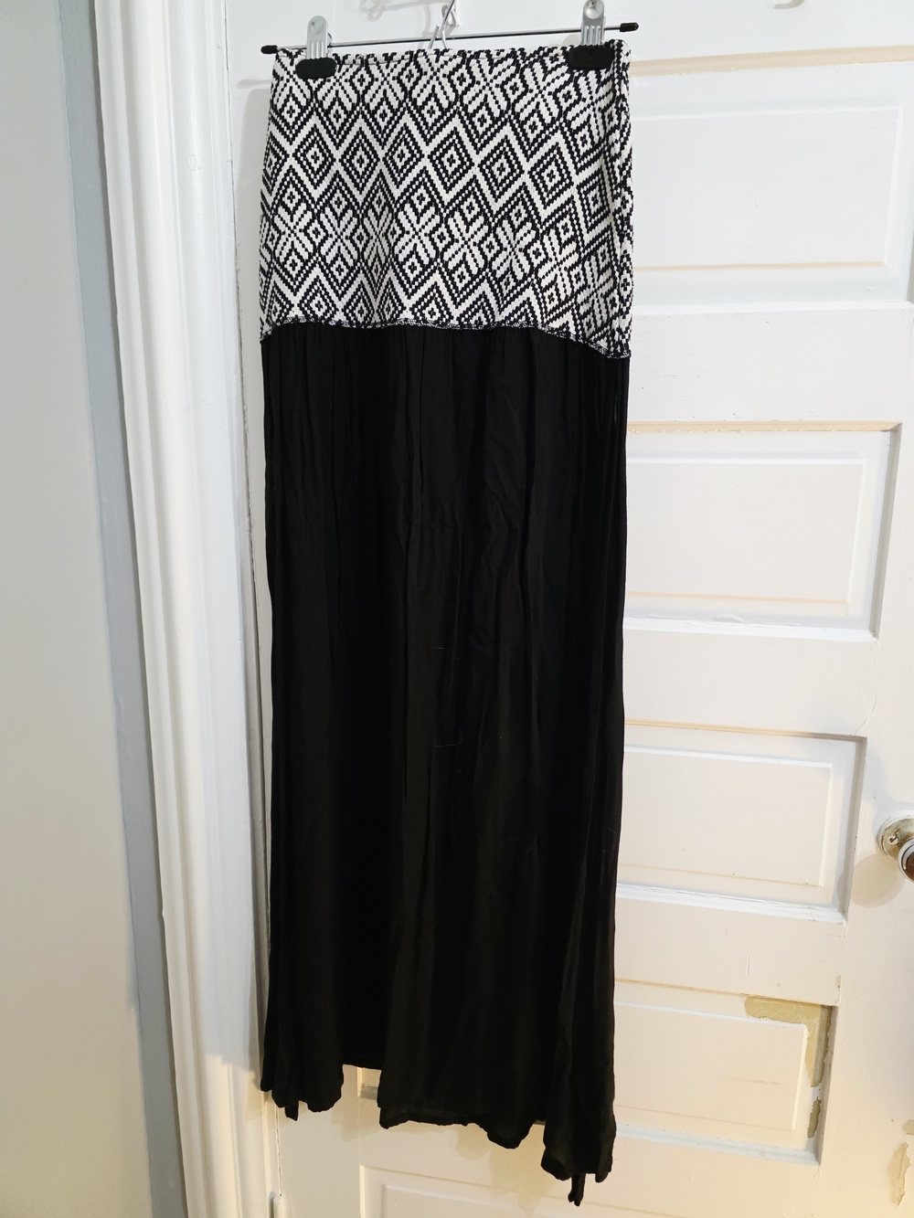 Black Maxi Skirt with Geometric Black & White Waistband